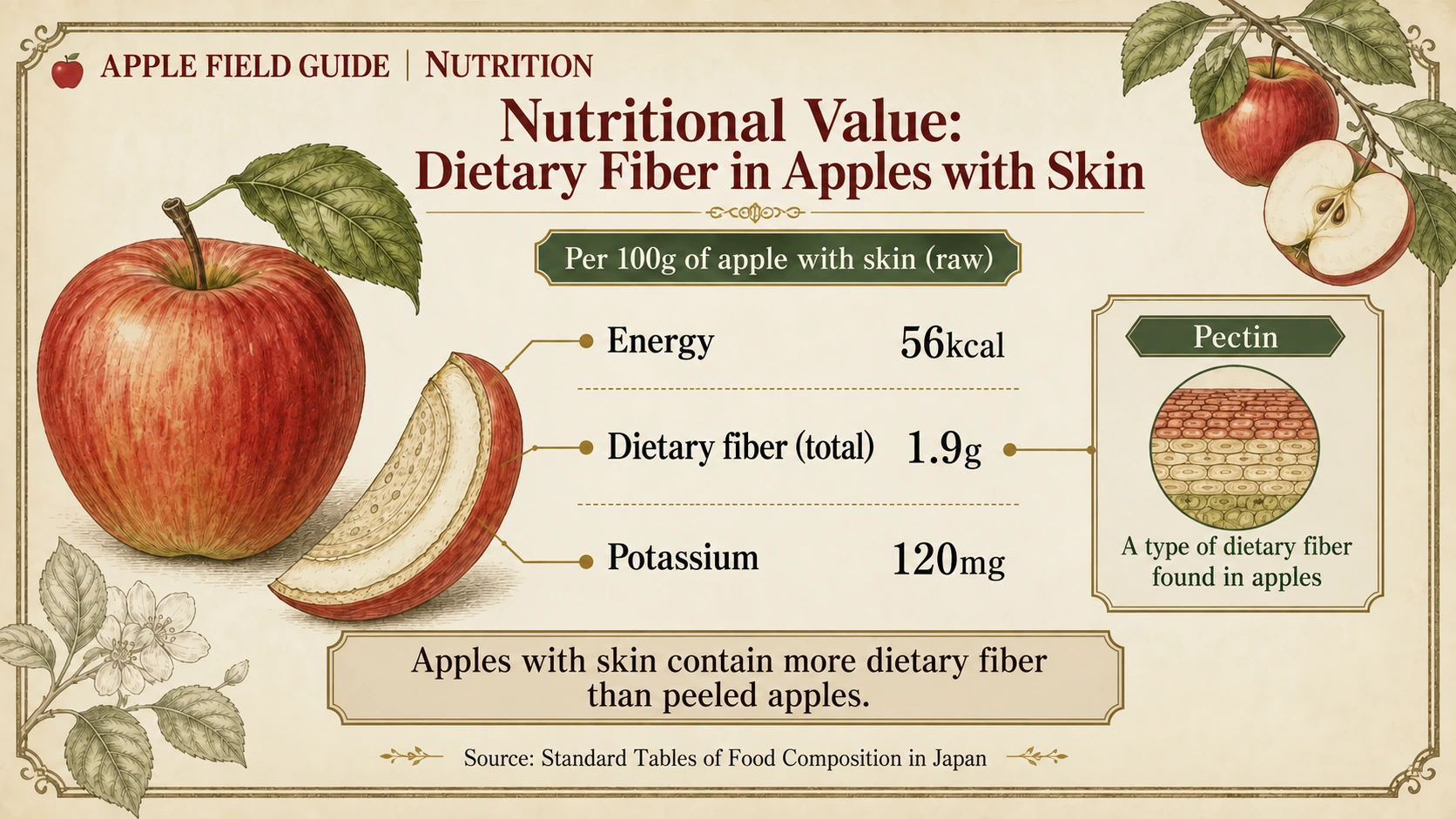 Nutrition of raw apple with skin: energy, dietary fiber and potassium