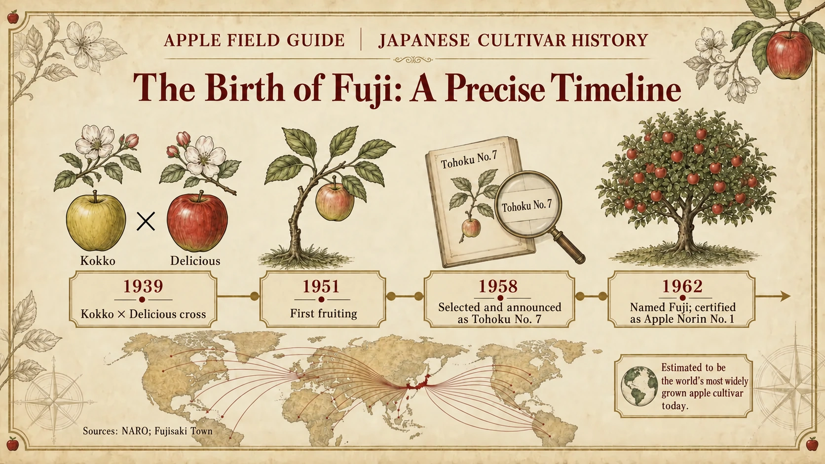 Fuji apple development timeline from the 1939 cross to naming in 1962