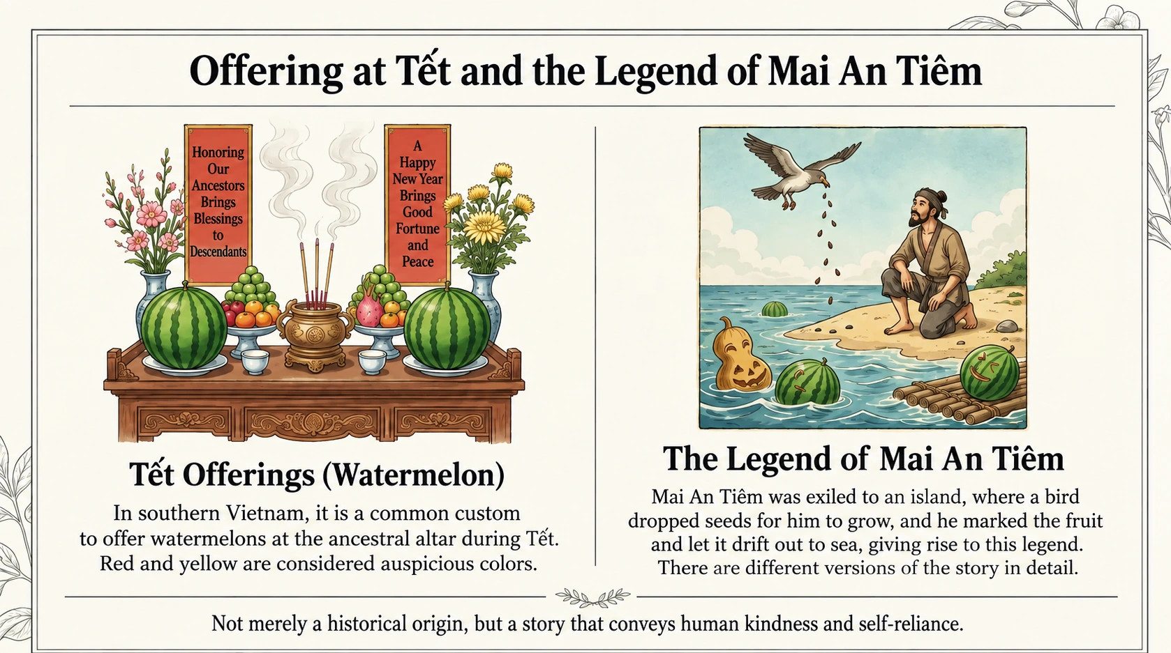 Watermelon as a Tết offering and in the legend of Mai An Tiêm.