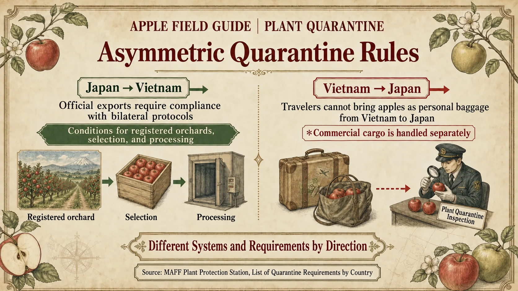 Different apple quarantine requirements for Japan-to-Vietnam exports and Vietnam-to-Japan baggage